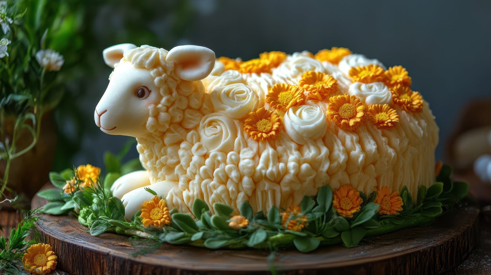 Beautifully crafted sheep cake decorated with bright flowers placed on a wooden table